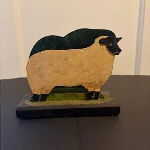 Primitive Folk Art Wooden Sheep Napkin Holder Signed Hand Painted Country